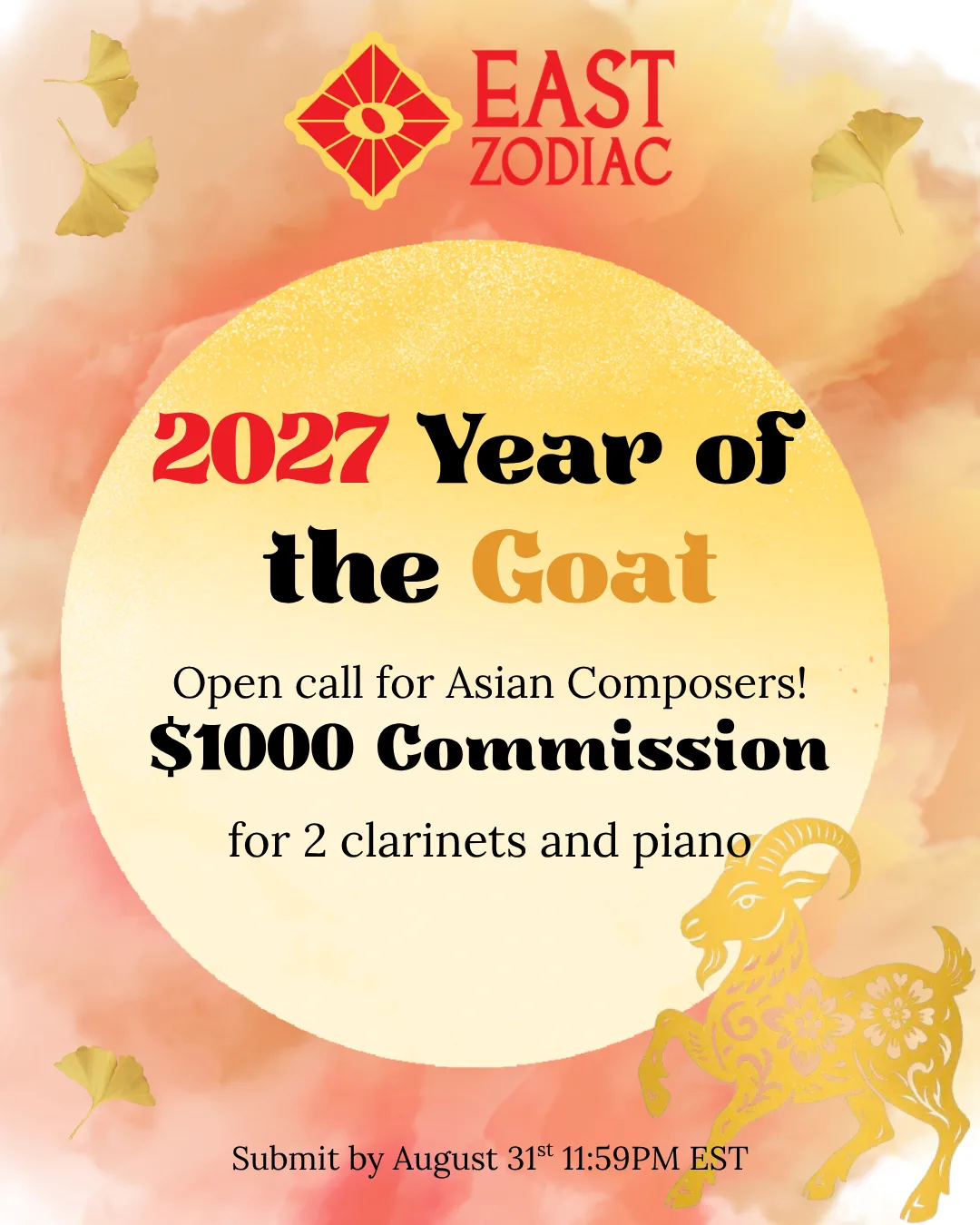 East Zodiac 2027 Year of the Goat Call for Composers — $1,000 commission for two clarinets and piano, submissions due August 31